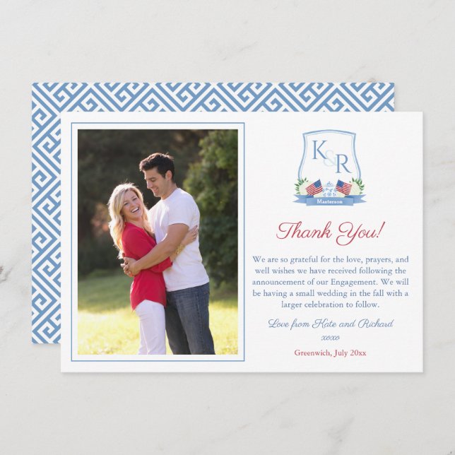 Monogram July 4th Engagement Wedding Party Photo Thank You Card (Front/Back)