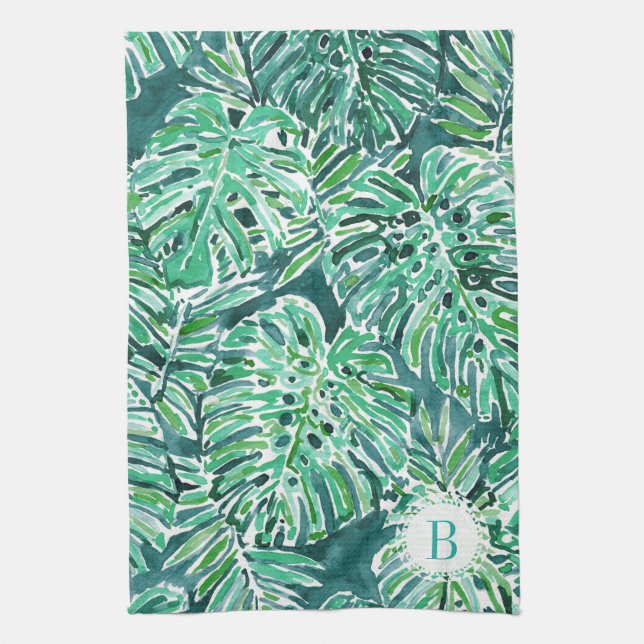 Monogram JUNGLE VIBES Green Tropical Monstera Tea Towel (Vertical)