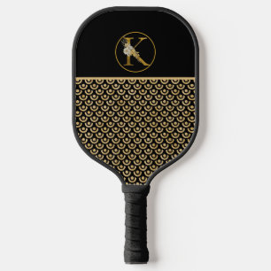 MONOGRAM K, BLACK & GOLD MODERN PATTERN PICKLEBALL PADDLE