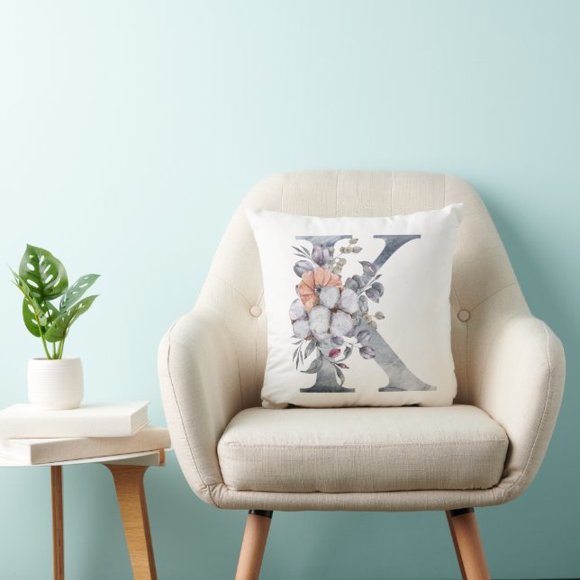 Monogram K, Floral Watercolor Blue Peach White Cushion (Chair)