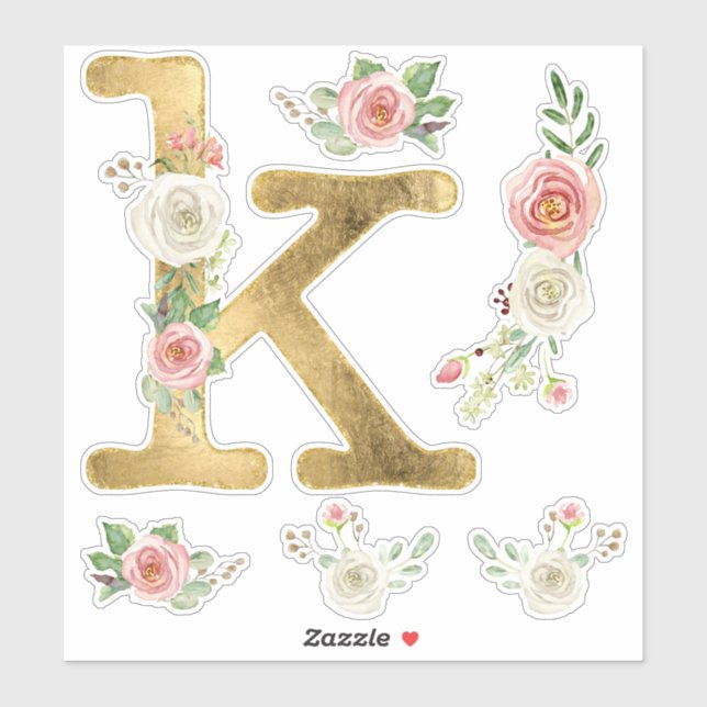 Monogram K Gold Blush White Rose Floral Watercolor (Sheet)