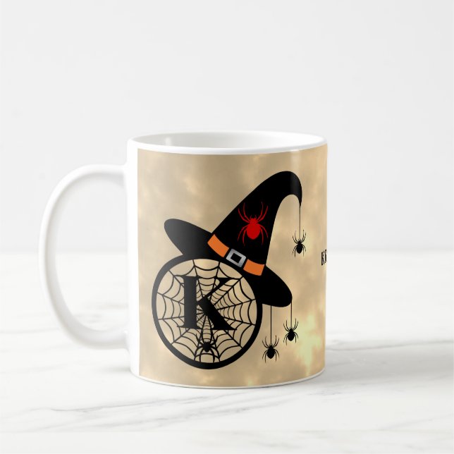 Monogram K Halloween Sky Witch Spiders Name Coffee Mug (Left)