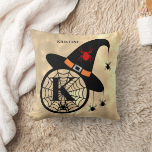 Monogram K Halloween Sky Witch Spiders Name Cushion