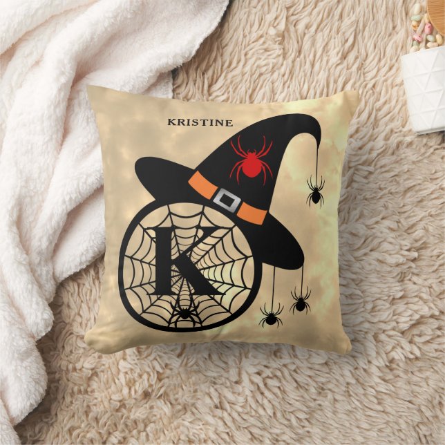 Monogram K Halloween Sky Witch Spiders Name Cushion (Blanket)