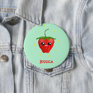 Monogram kawaii strawberry fruit on turquoise 10 cm round badge