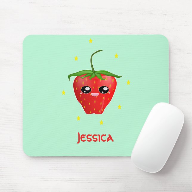 Monogram kawaii strawberry fruit on turquoise mouse pad (With Mouse)