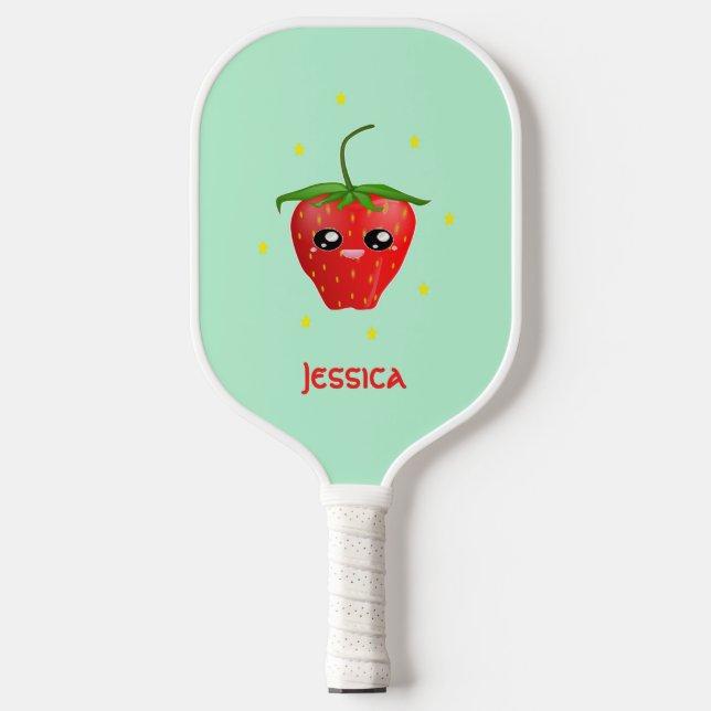 Monogram kawaii strawberry fruit on turquoise pickleball paddle (Front)