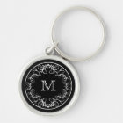 Monogram Keychain Elegant Floral Black and White