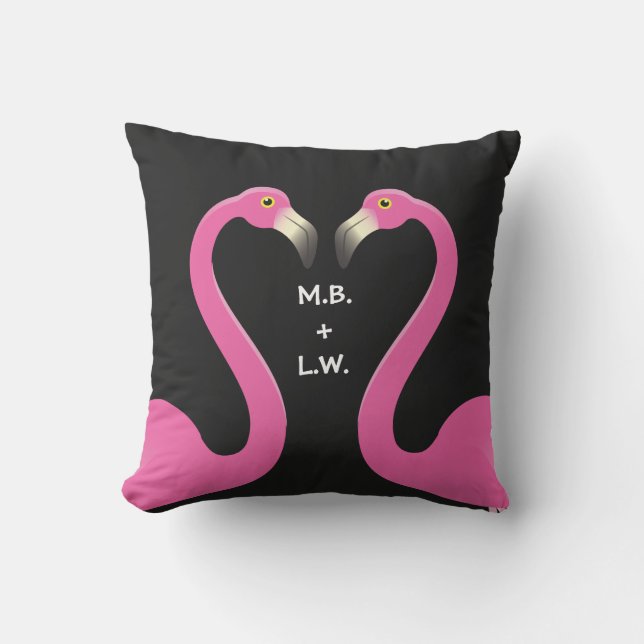 Monogram Kissing Flamingos Pink & Black Pillow (Front)