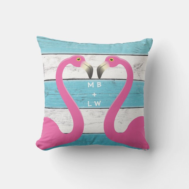 Monogram Kissing Flamingos Turquoise Pillow (Front)