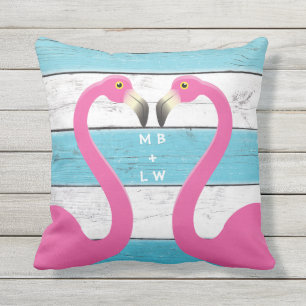 Monogram Kissing Flamingos Turquoise Pillow