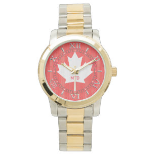 Monogram Knit Style Red Maple Leaf Knitting Motif Watch