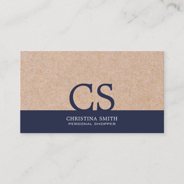Monogram Kraft-Printed Clean Midnight Blue Typo Business Card (Front)