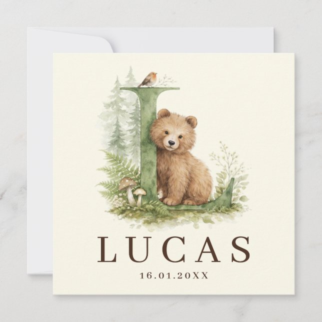 Monogram L Beer Neutral Forest Animal Boy Birth Card (Front)
