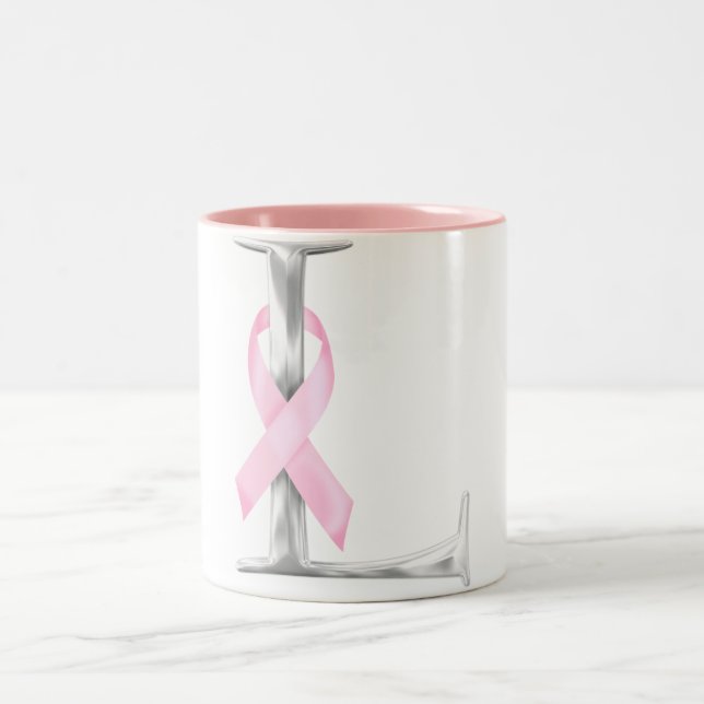 monogram (L) breast cancer awareness Two-Tone Coffee Mug (Center)