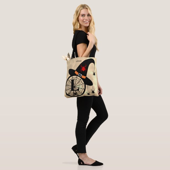 Monogram L Cloudy Witch Spiders Name All-Over Tote Bag (On Model)