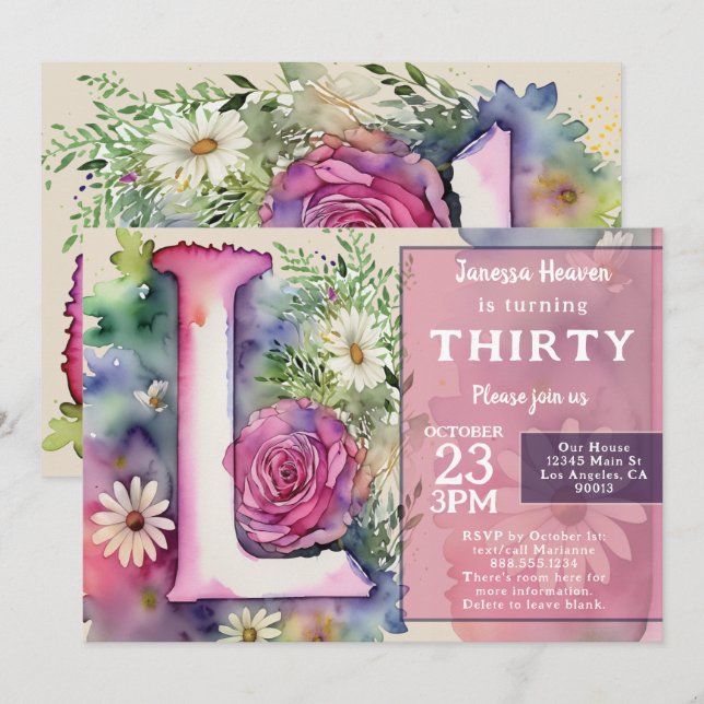Monogram L Colorful Watercolor Flowers Birthday  Invitation (Front/Back)