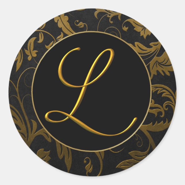 Monogram L Gold and Black Damask Wedding Seal (Front)