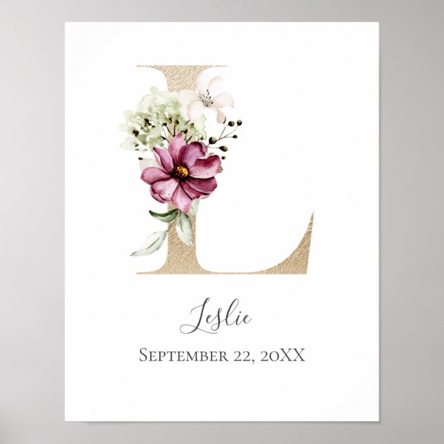 Monogram L Pink White Floral Gold Letter Nursery Poster (Front)