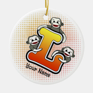 Monogram L Sock Monkey  Ceramic Tree Decoration