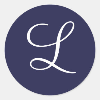 Monogram L, White on Navy Blue, Classic Round Sticker