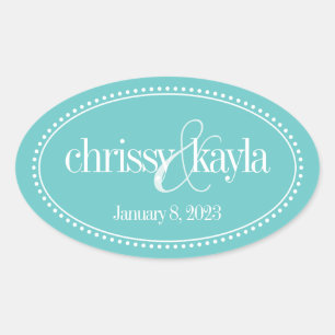 Monogram Label, Turquoise, Caroline Wedding Oval Sticker