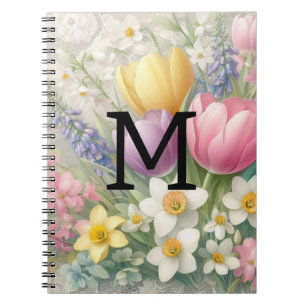 Monogram lace floral pastel pink tulips daffodils  notebook