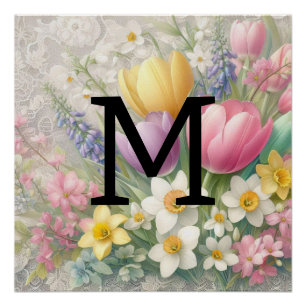 Monogram lace floral pastel pink tulips daffodils poster