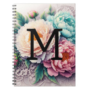 Monogram lace floral pink orange blue peonies notebook
