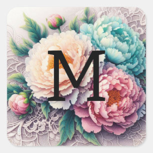 Monogram lace floral pink orange blue peonies square sticker