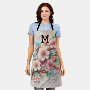 Monogram lace floral pink pastel cherry blossom apron