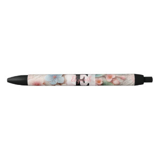 Monogram lace floral pink pastel cherry blossom  black ink pen