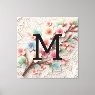Monogram lace floral pink pastel cherry blossom canvas print