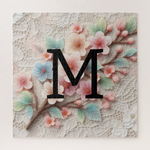 Monogram lace floral pink pastel cherry blossom jigsaw puzzle