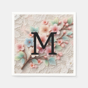 Monogram lace floral pink pastel cherry blossom napkin