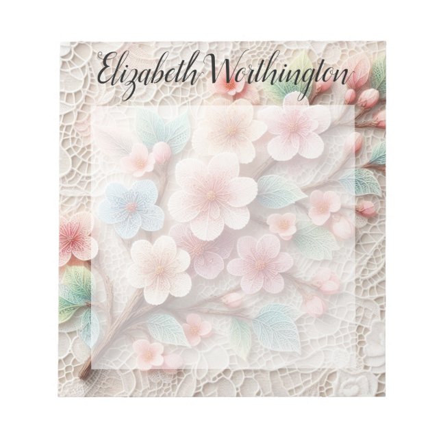 Monogram lace floral pink pastel cherry blossom  notepad (Front)