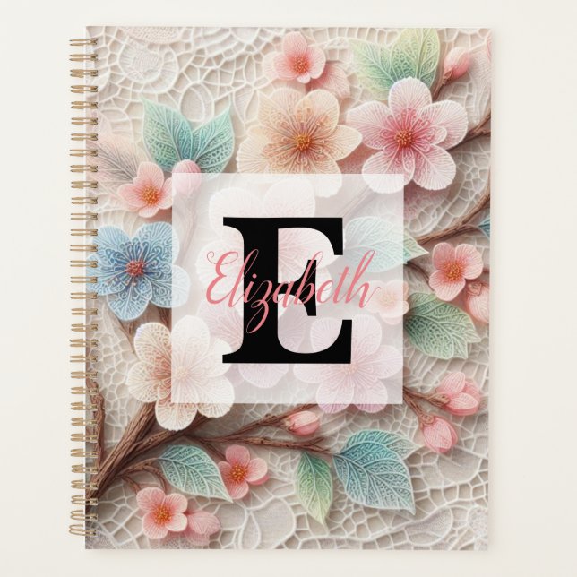 Monogram lace floral pink pastel cherry blossom  planner (Front)