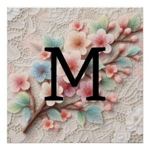 Monogram lace floral pink pastel cherry blossom  poster