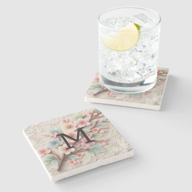 Monogram lace floral pink pastel cherry blossom  stone coaster (Side)