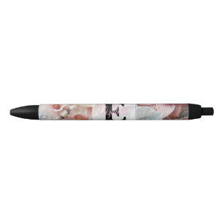 Monogram lace floral pink pastel orchid flowers  black ink pen