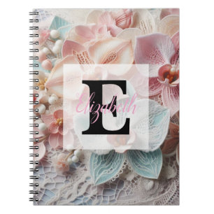 Monogram lace floral pink pastel orchid flowers notebook