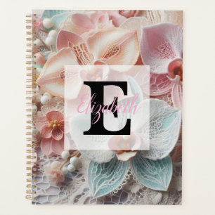 Monogram lace floral pink pastel orchid flowers planner