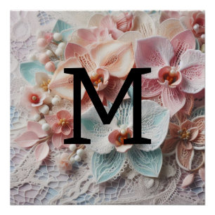Monogram lace floral pink pastel orchid flowers poster