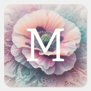 Monogram lace floral pink pastel poppy flowers square sticker