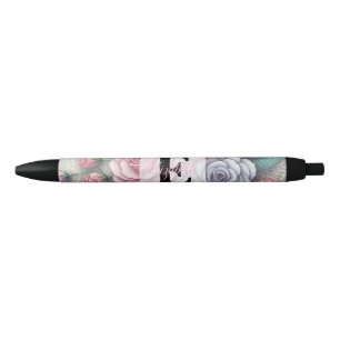 Monogram lace floral pink purple blue roses black ink pen