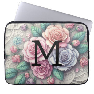 Monogram lace floral pink purple blue roses laptop sleeve