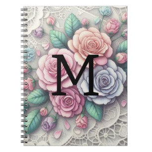 Monogram lace floral pink purple blue roses notebook