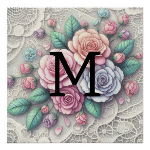 Monogram lace floral pink purple blue roses poster