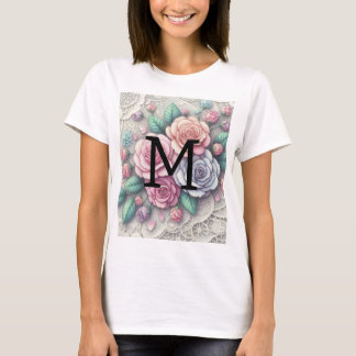 Monogram lace floral pink purple blue roses T-Shirt