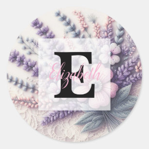 Monogram lace floral pink purple lavender classic round sticker